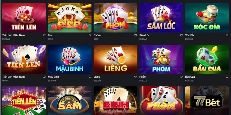 Sân chơi Casino của nhà cái 77BET có rất đa dạng các game cược đình đám. 